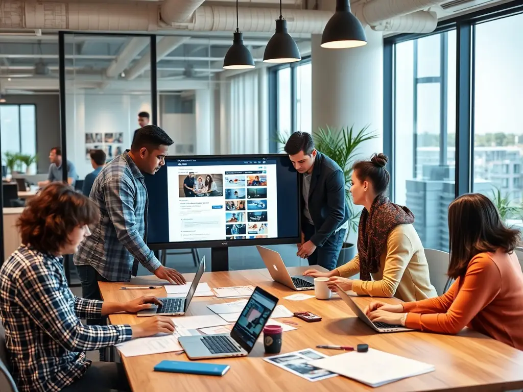 A digital agency team collaborating on a website design using 10Web's AI-powered website builder, showcasing the ease of use and collaborative features.