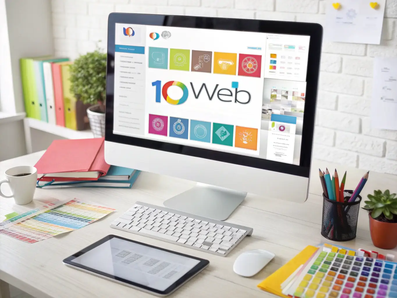 A clean, modern interface of 10Web's AI-Powered Website Builder, displaying drag-and-drop functionality and smart design suggestions, set against a background of code snippets to represent the underlying technology.