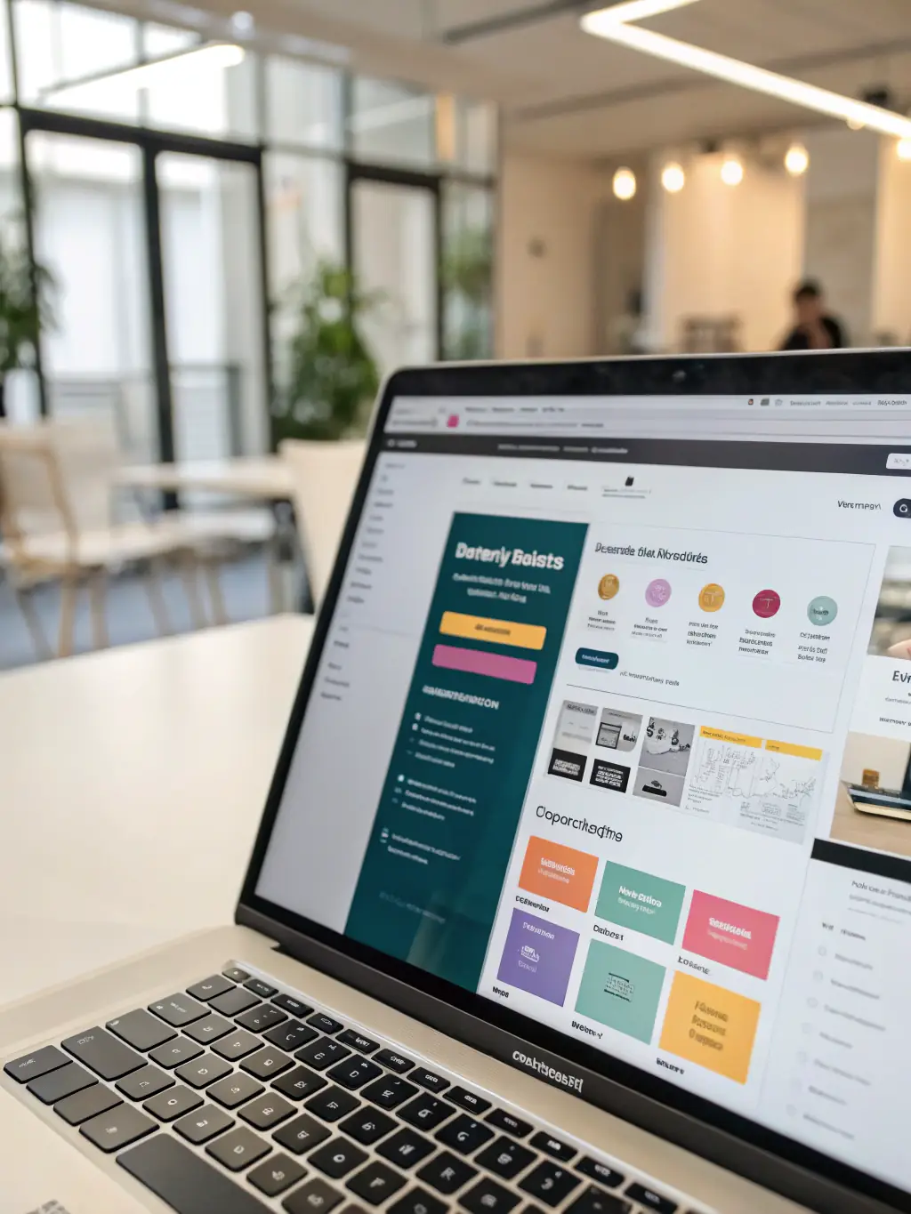 A high-resolution image showcasing the 10Web AI Website Builder interface, highlighting its drag-and-drop functionality and intuitive design, set in a modern office environment.