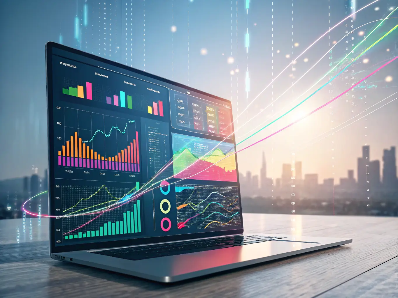 A futuristic dashboard displaying real-time website analytics and AI-generated recommendations for content improvements and user engagement strategies.